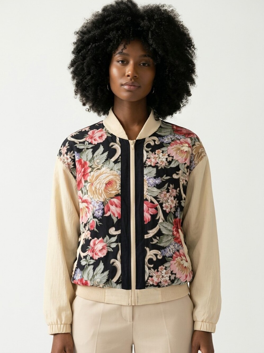 Vintage Floral Bomber Jacket with Yellow Sleeves